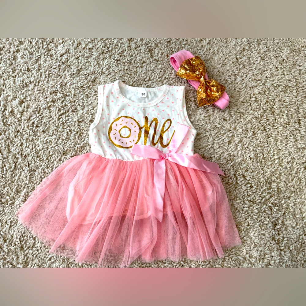 Toddler girl pink glitter donut one dress - first birthday sweet one outfit